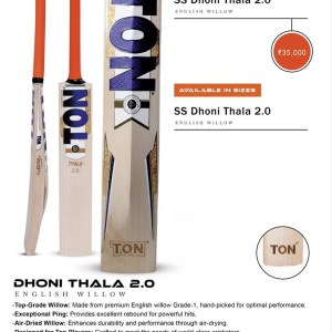 SS Dhoni Thala 2.0 English Willow Cricket Bat – SH + FREE GIFT TON Silver edition Batting Gloves Or RED PLAYER EDITION
