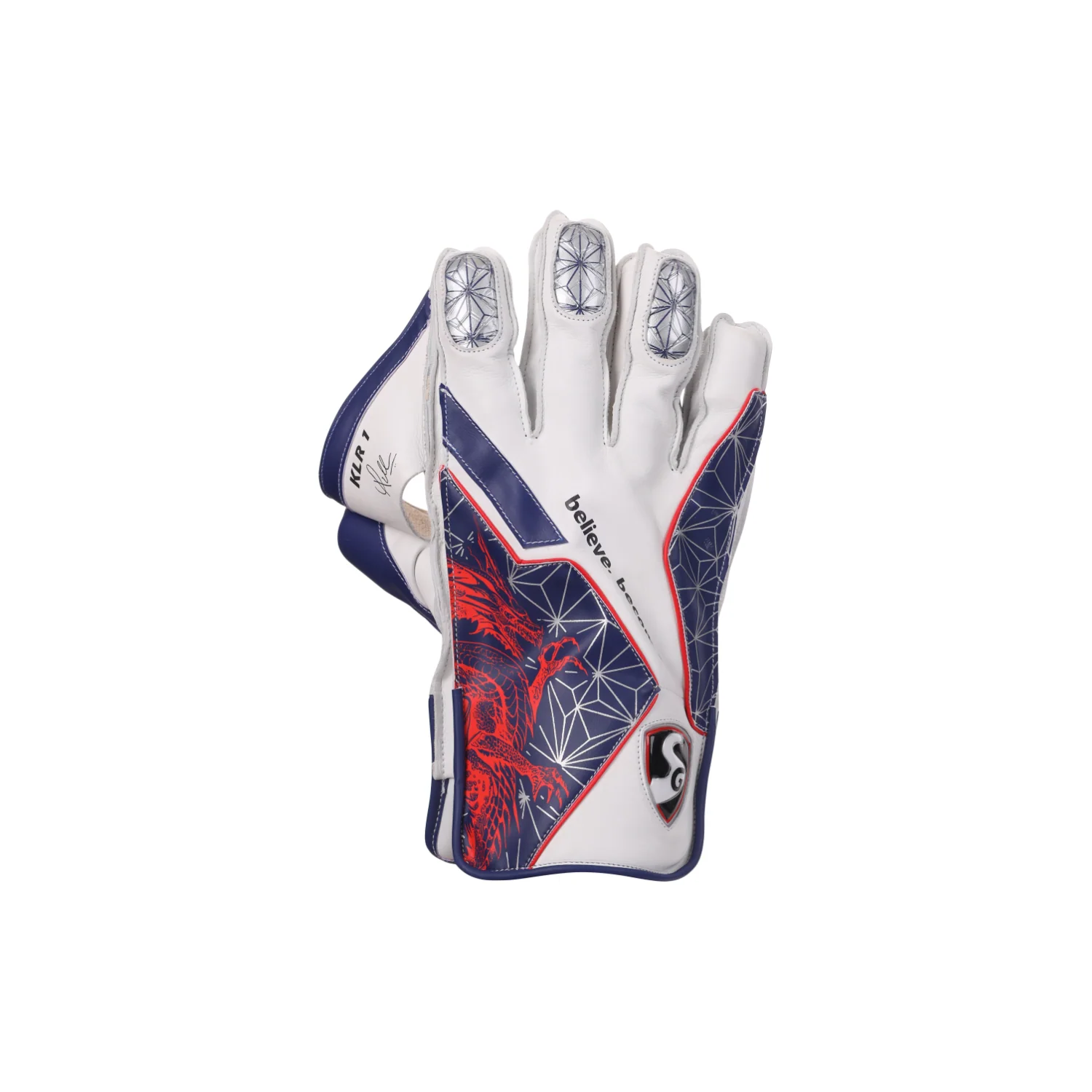 SG Club Wicket Keeping Gloves Junior pair in white and red with blue web pattern accents on a white background.