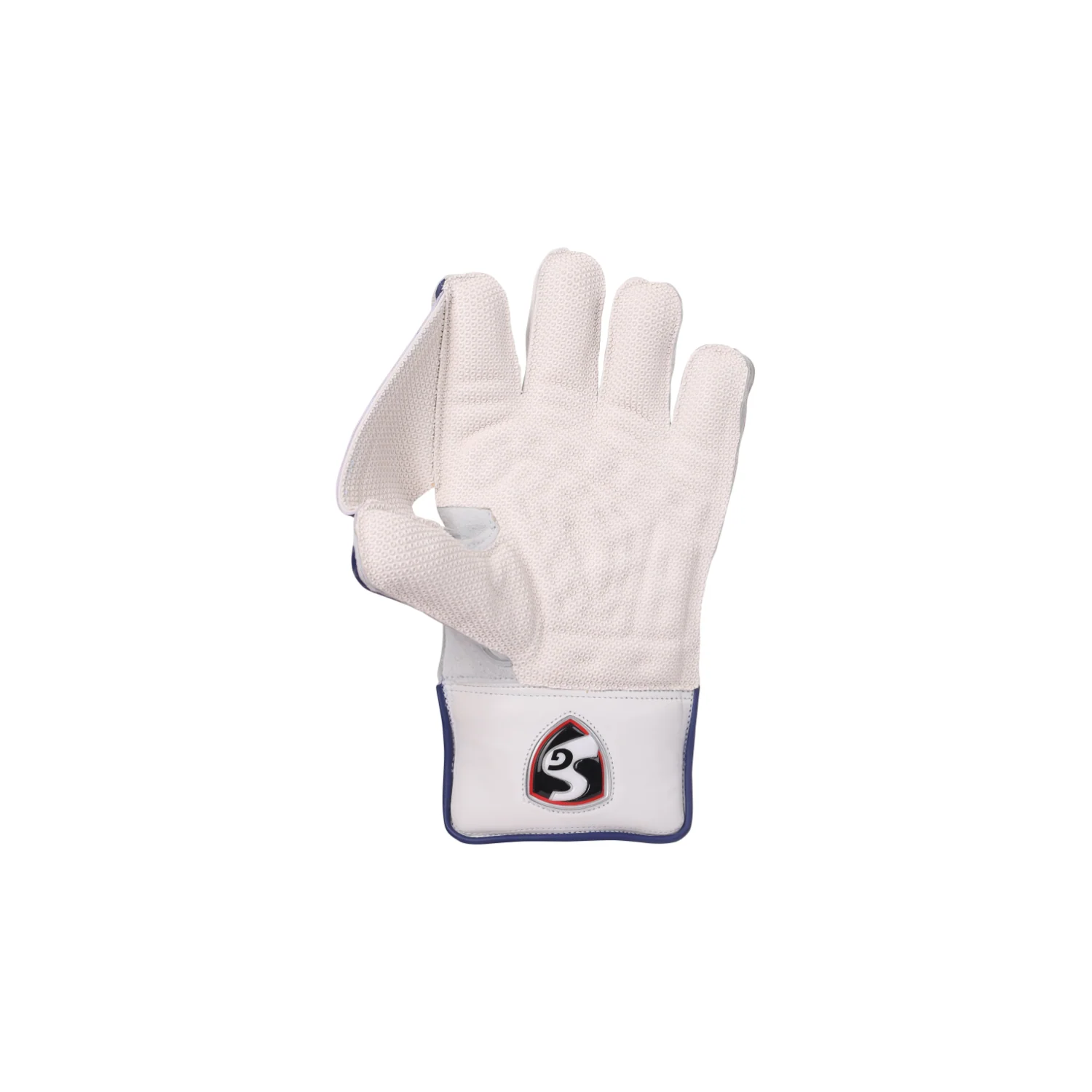 SG KLR 1 Wicket Keeping Glove backhand view showing premium navy blue and silver geometric pattern overlay with dynamic graphics.