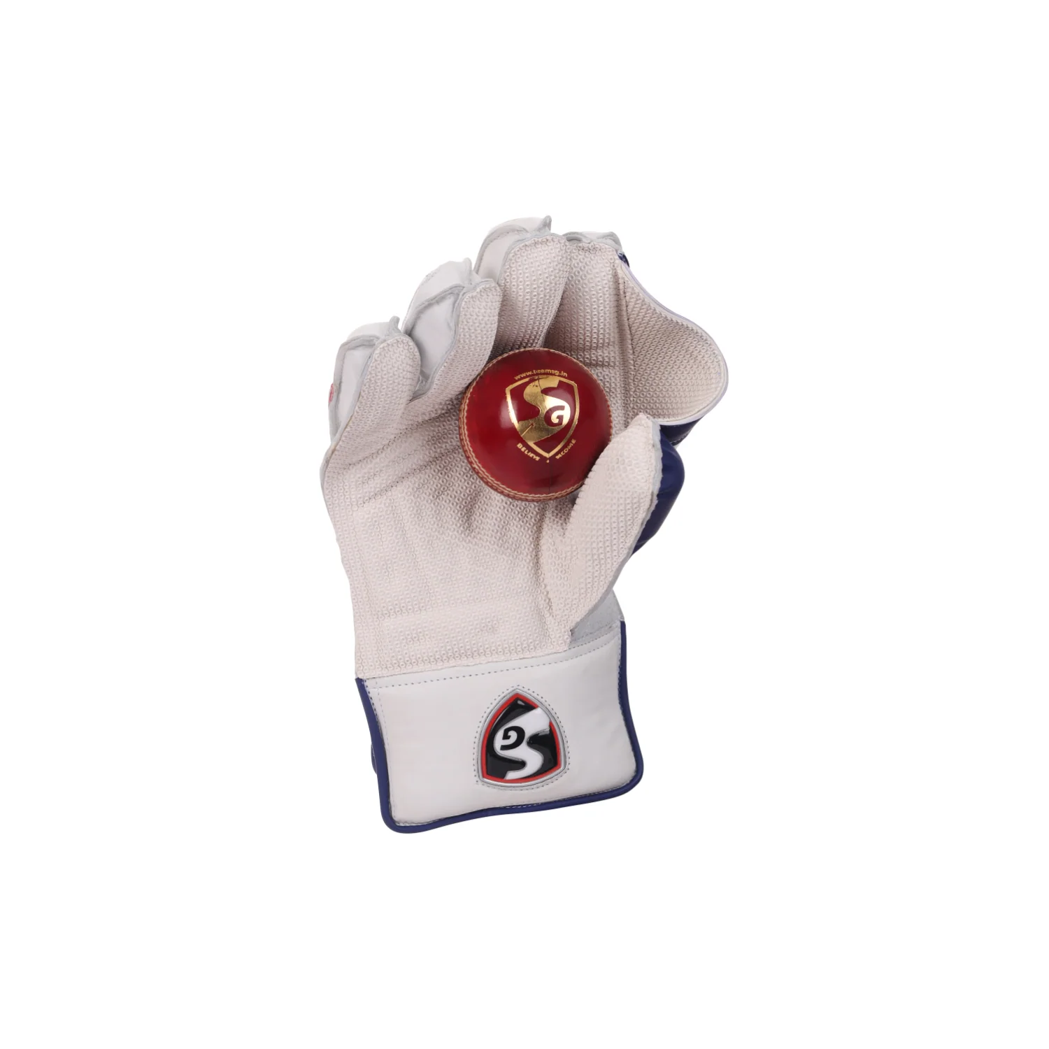 Four multi-angle views of SG KLR 1 Wicket Keeping Gloves showing the navy blue geometric backhand design, premium leather palm, and side details