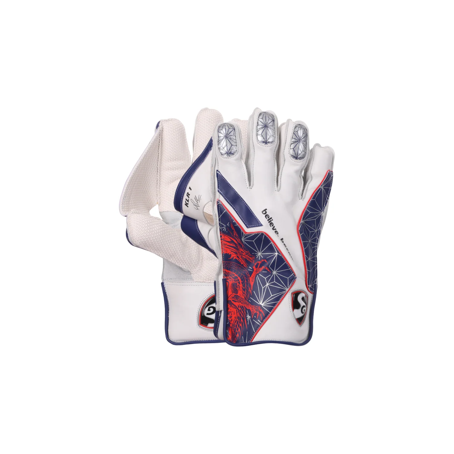 SG KLR 1 Wicket Keeping Gloves pair showing the navy blue geometric backhand pattern and white leather palm.