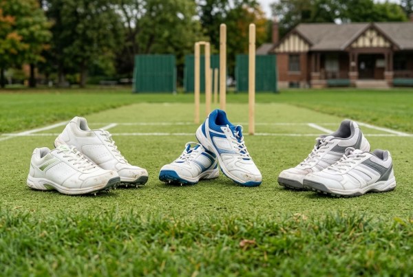 Selection of professional cricket shoes on a lush green cricket pitch in Canada.