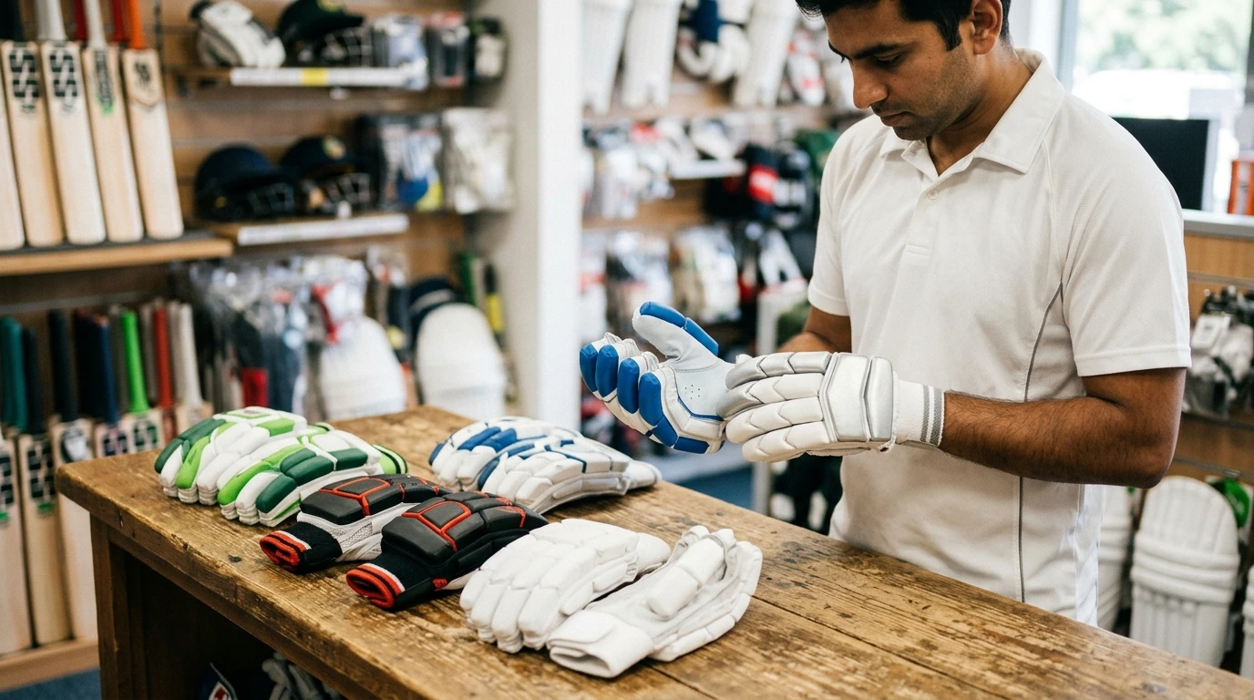 A cricketer trying on premium cricket batting gloves at Alberta Cricket Store Canada
