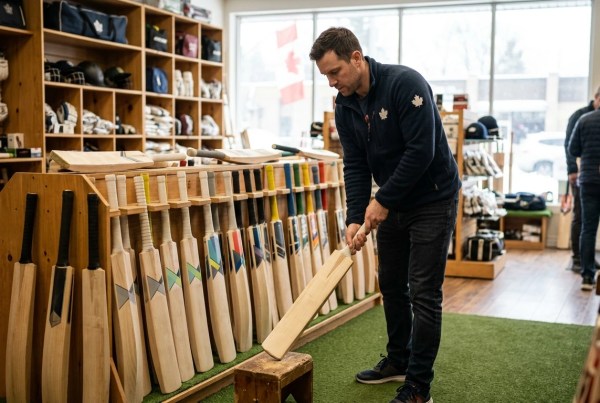 A customer testing a cricket bat inside a premium cricket store in Canada with racks of bats in the background.