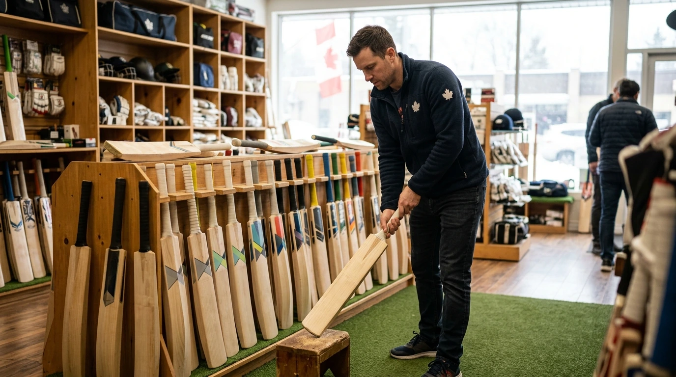 A customer testing a cricket bat inside a premium cricket store in Canada with racks of bats in the background.