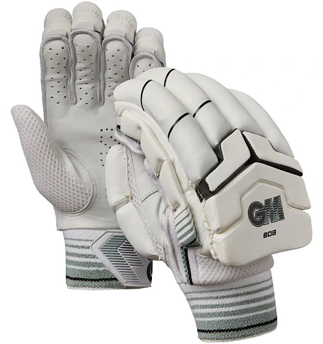 Pair of GM 808 cricket batting gloves showing protective finger blocks and leather palm available at Alberta Cricket Store