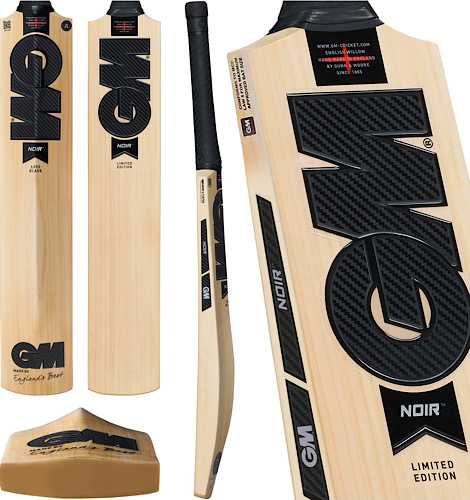 GM Noir Limited Edition English Willow Cricket Bat full product showcase displaying the front face, back spine, side bow profile, and cross-section toe view with signature stealth black stickers.