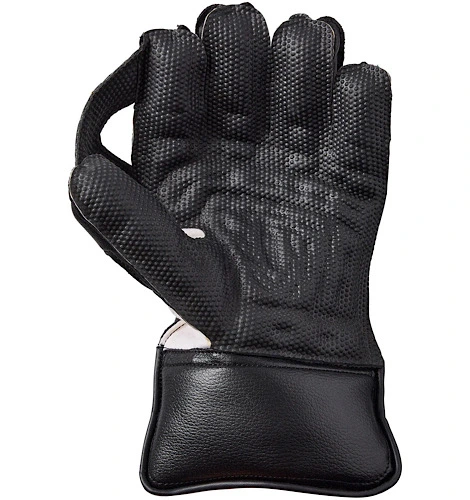GM Rival wicket keeping gloves inner palm side view in black leather, showing high-grip textured pimpled rubber matrix and padded protection at Alberta Cricket Store.