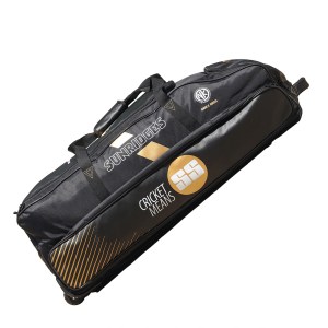 SS Sky Thunder cricket kit bag side layout in black with gold Sunridges branding and wheels available at Alberta Cricket Store