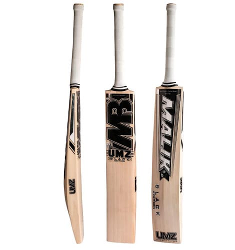 Three views showing side profile, back, and front of Malik MB UMZ Black Edition English willow cricket bat available at Alberta Cricket Store
