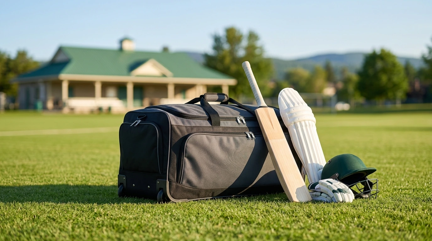 Best cricket kit bag with bat pads and helmet on ground at Alberta Cricket Store Canada