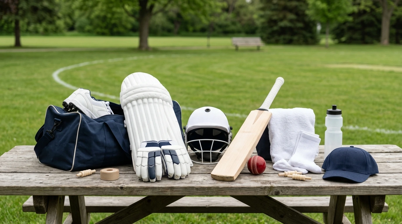 cricket accessories like bat, helmet, pads, and kit bag on a wooden bench for Alberta Cricket Store Canada