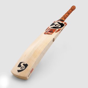 Angled front view of SG Roar English Willow cricket bat with orange grip and SG stickers.
