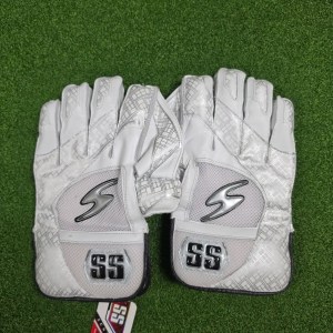 Back view of SS Platino Adult Wicket Keeping Gloves featuring SS logos on green turf at Alberta Cricket Store