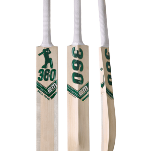 Three angles showing front face, back sticker, and side profile of the EM 360 Bull Ring Cricket Bat on Alberta