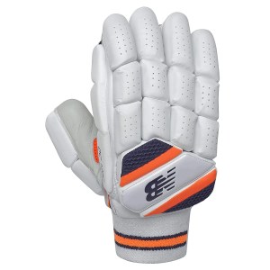 New Balance DC 1280 adult cricket batting glove front view in white and orange with New Balance logo on albertacrickets.com.