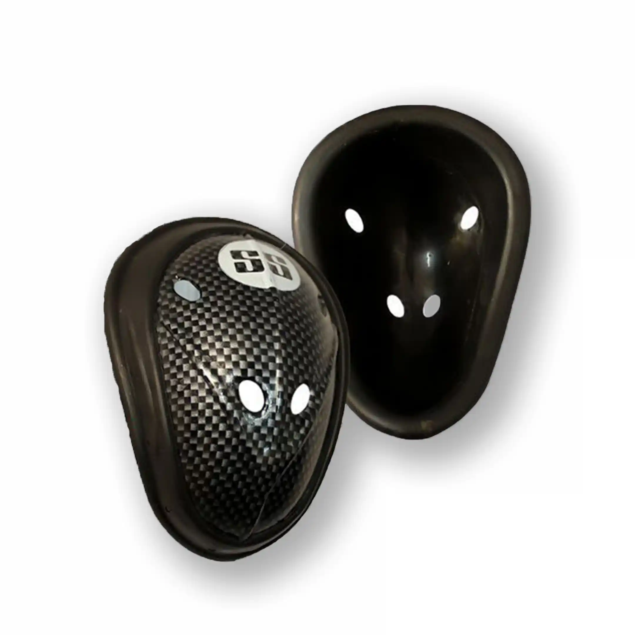 Black SS Super men's cricket abdominal guard showing front carbon fiber pattern and inner shell view