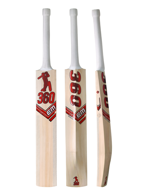 Three views showcasing front face, back sticker design, and side profile of the EM 360 Bold Cricket Bat on Alberta.