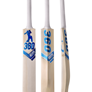 Three views showing front face, back sticker, and side profile of the EM 360 Legacy Cricket Bat on Alberta.