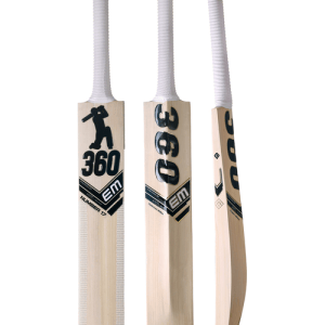 Three views showing the front, back, and side profile of the EM 360 Number 17 Kashmir Willow Cricket Bat on Alberta.