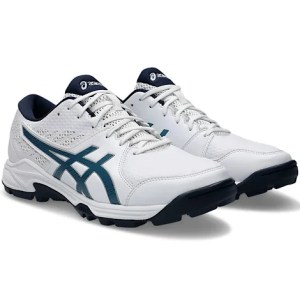 Pair of Asics Gel-Peake 2 cricket shoes in white and navy blue displayed at a three-quarter angle.