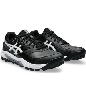 Three-quarter front pair view of ASICS Gel Lethal Field 2 cricket shoes in black and white.
