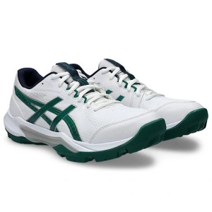 Pair of white and dark green Asics Gel-Peake 3 cricket shoes for turf and rubber-cleated traction
