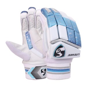 SG LITEVATE adult right-hand cricket batting gloves showing side-angled front view in white and blue on albertacrickets.com.
