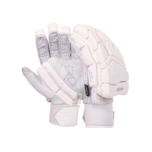 Front view of SG Hilite White adult cricket batting gloves showing protective finger padding on Alberta