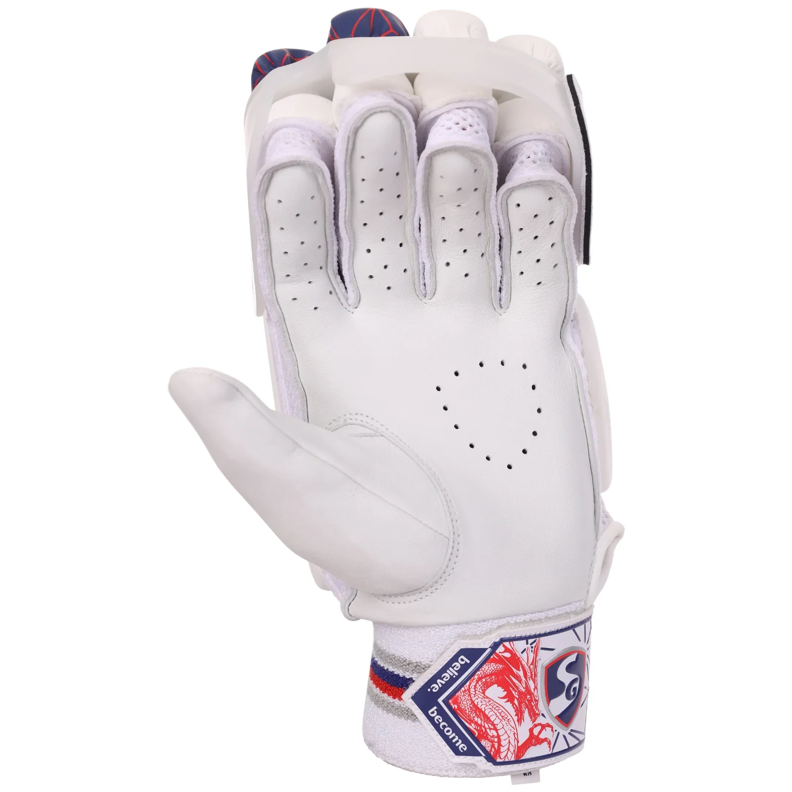 Outer angle view of SG KLR Armour adult cricket batting gloves in white with teal accents on Alberta.