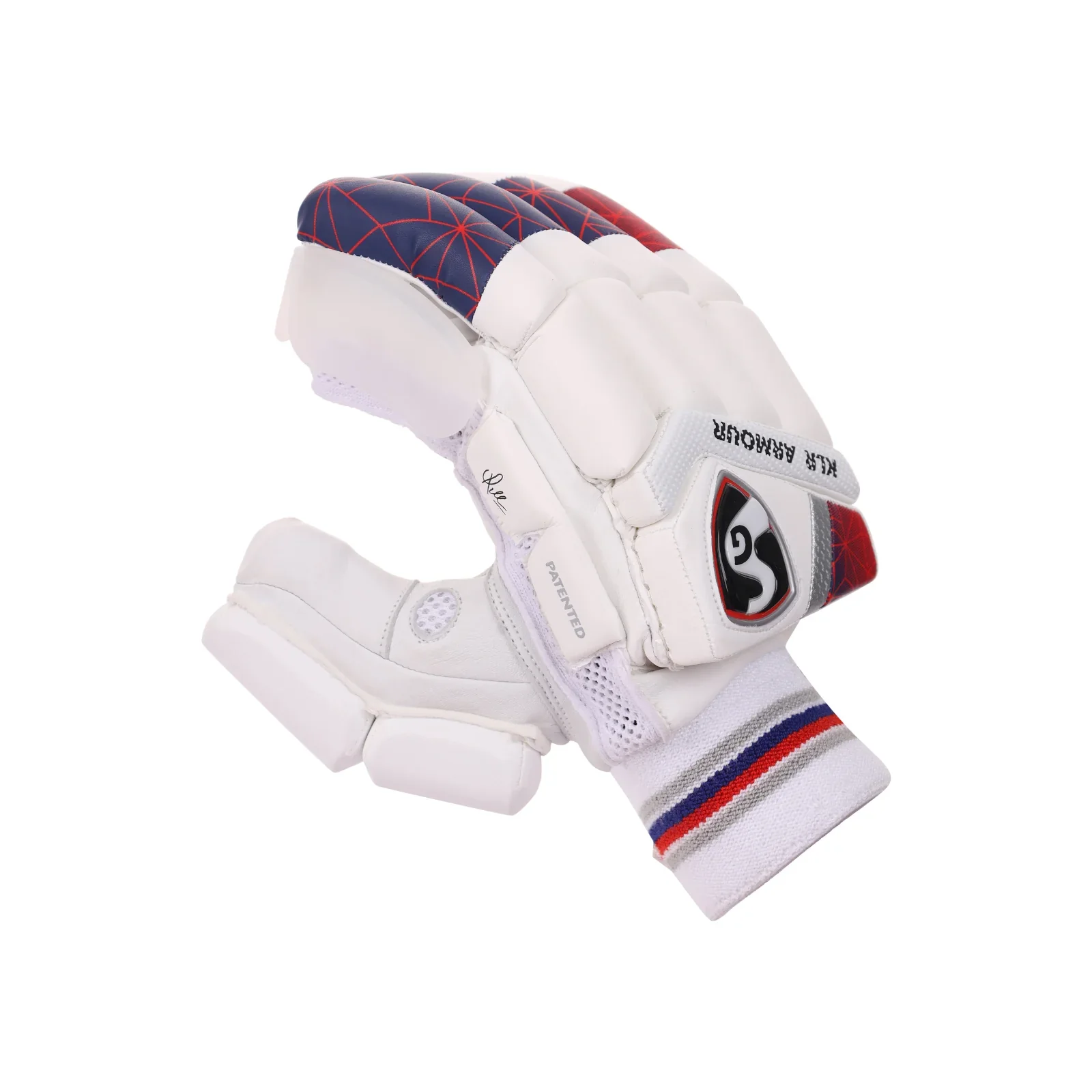 Back hand view of SG KLR Armour adult cricket batting gloves showing protective padding on Alberta.
