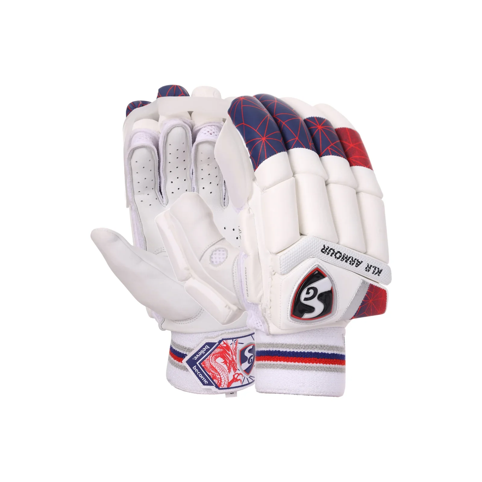 Front view of SG KLR Armour adult cricket batting gloves showing protective finger rolls on Alberta.