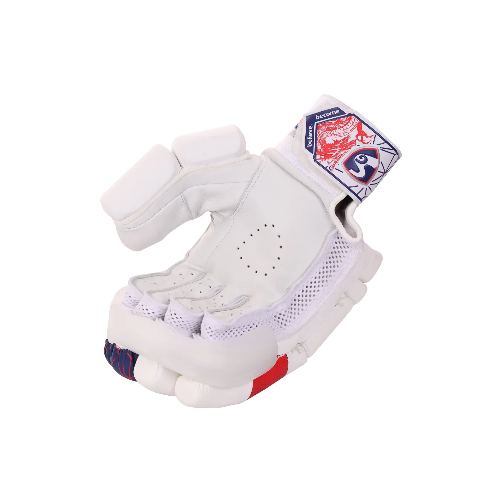 Palm view of SG KLR Armour adult cricket batting gloves showing leather grip material on Alberta.