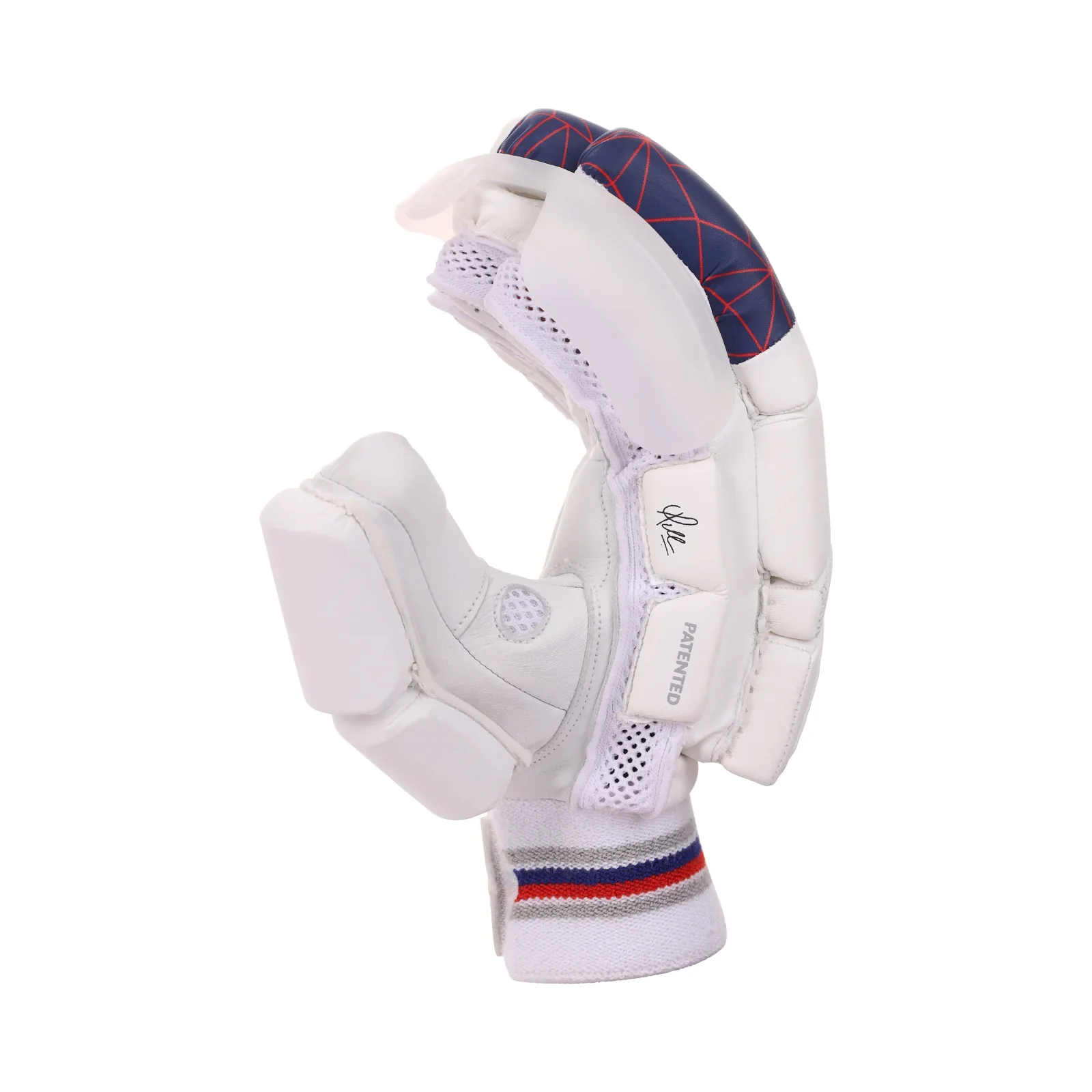 Side angle view of SG KLR Armour adult cricket batting gloves showing finger protection on Alberta.
