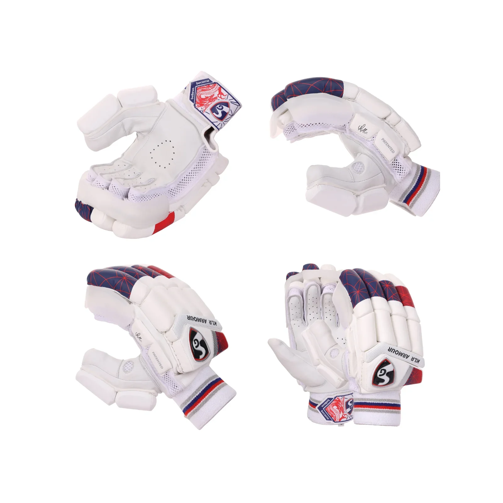 Pair of SG KLR Armour adult cricket batting gloves in white with teal accents on Alberta.