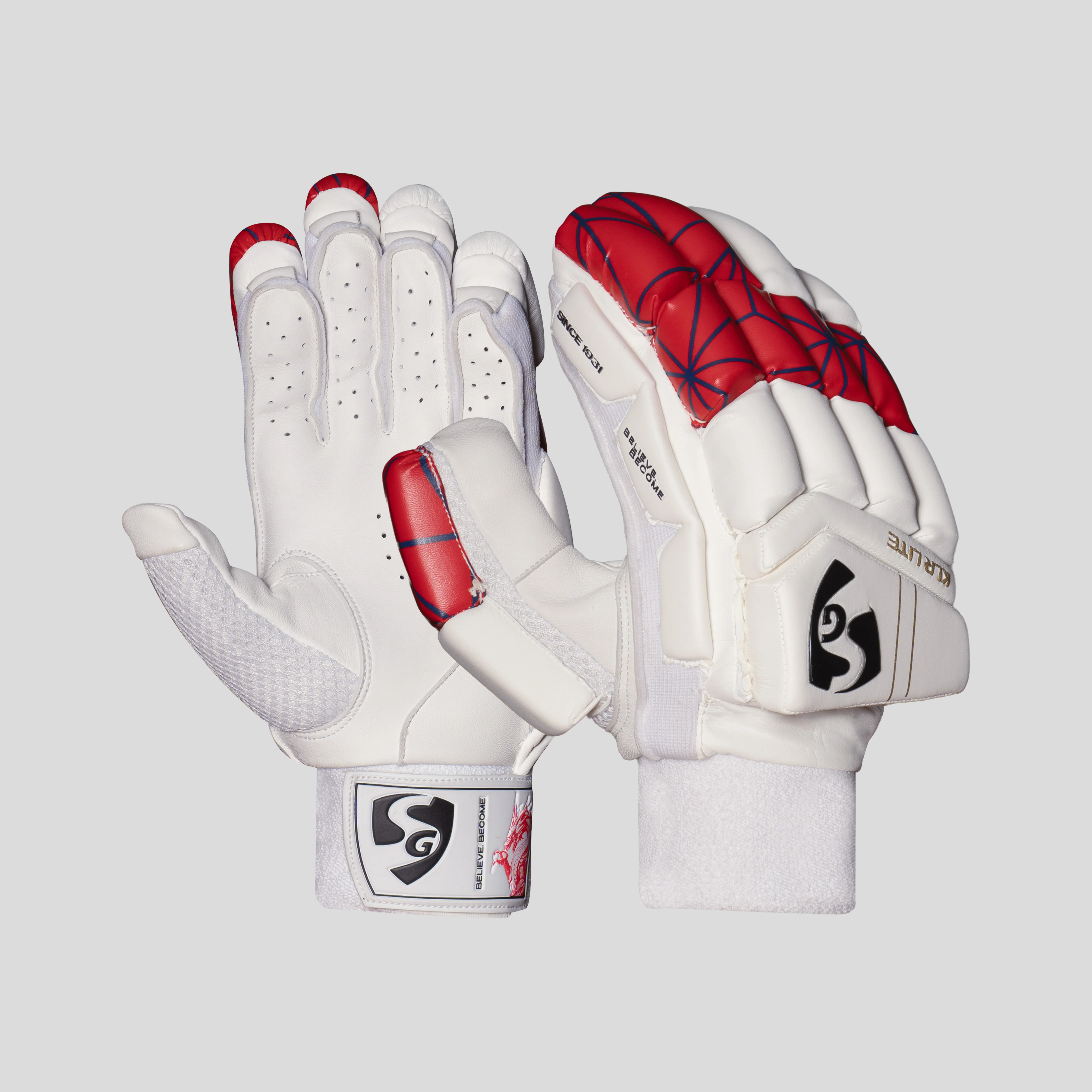 Front view of SG KLR Lite adult cricket batting gloves showing palm and finger design on Alberta.