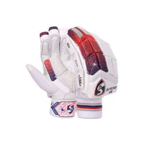 Pair of SG RP Armour adult cricket batting gloves in white with blue camo accents on Alberta.