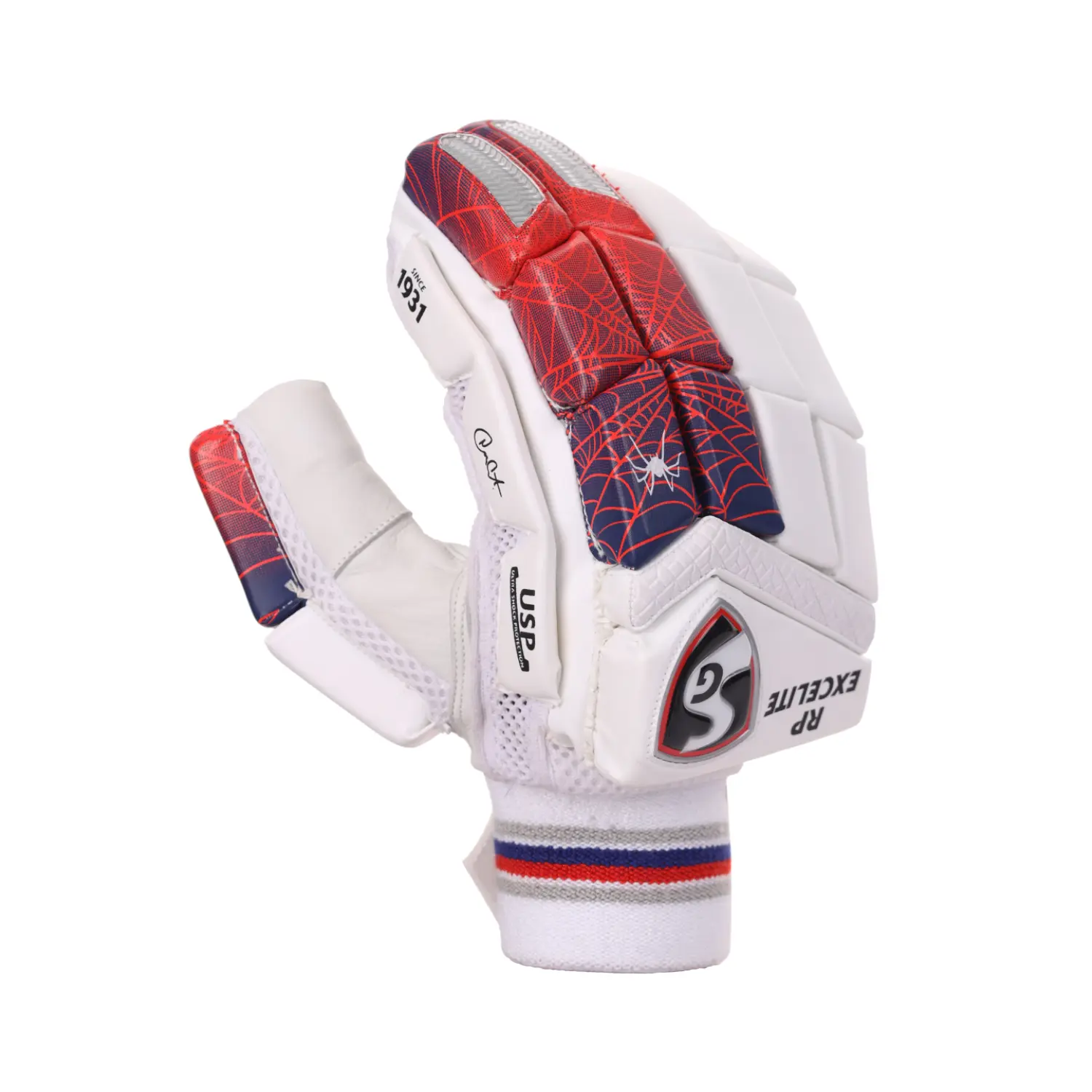Front view of SG RP Excelite adult cricket batting gloves in white and navy on Alberta.