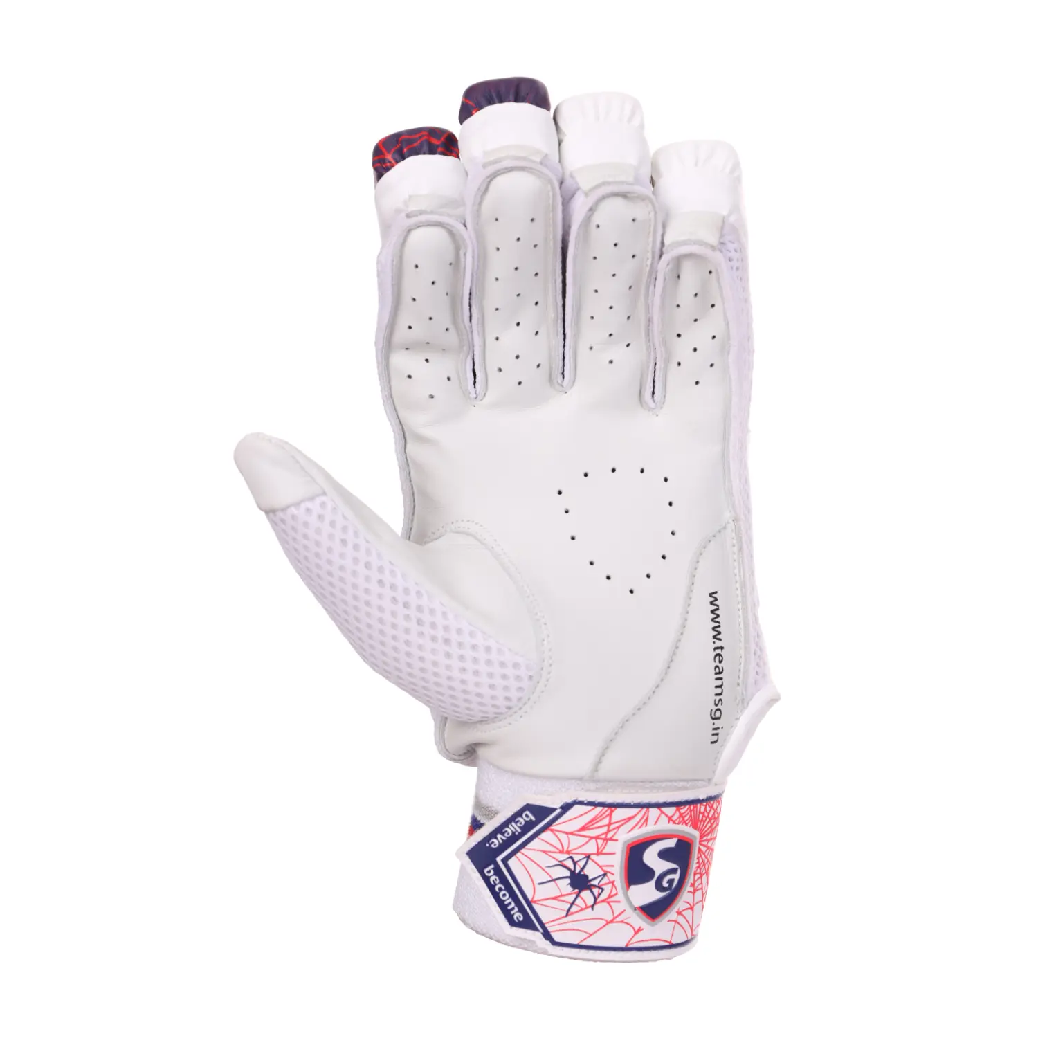 Side view of SG RP Excelite adult cricket batting gloves on Alberta.