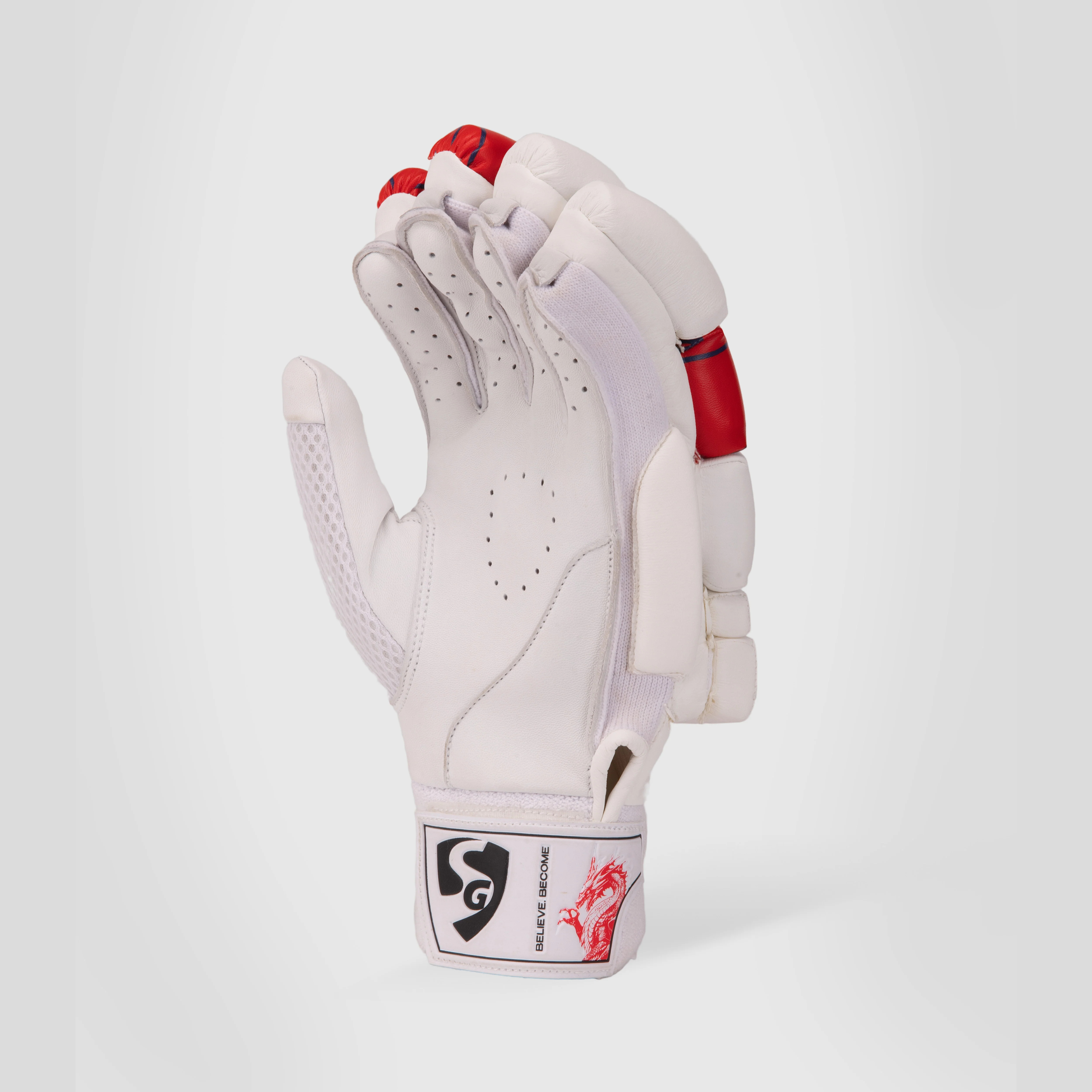 Outer angle view of SG KLR Lite adult cricket batting gloves showing split finger padding on Alberta.