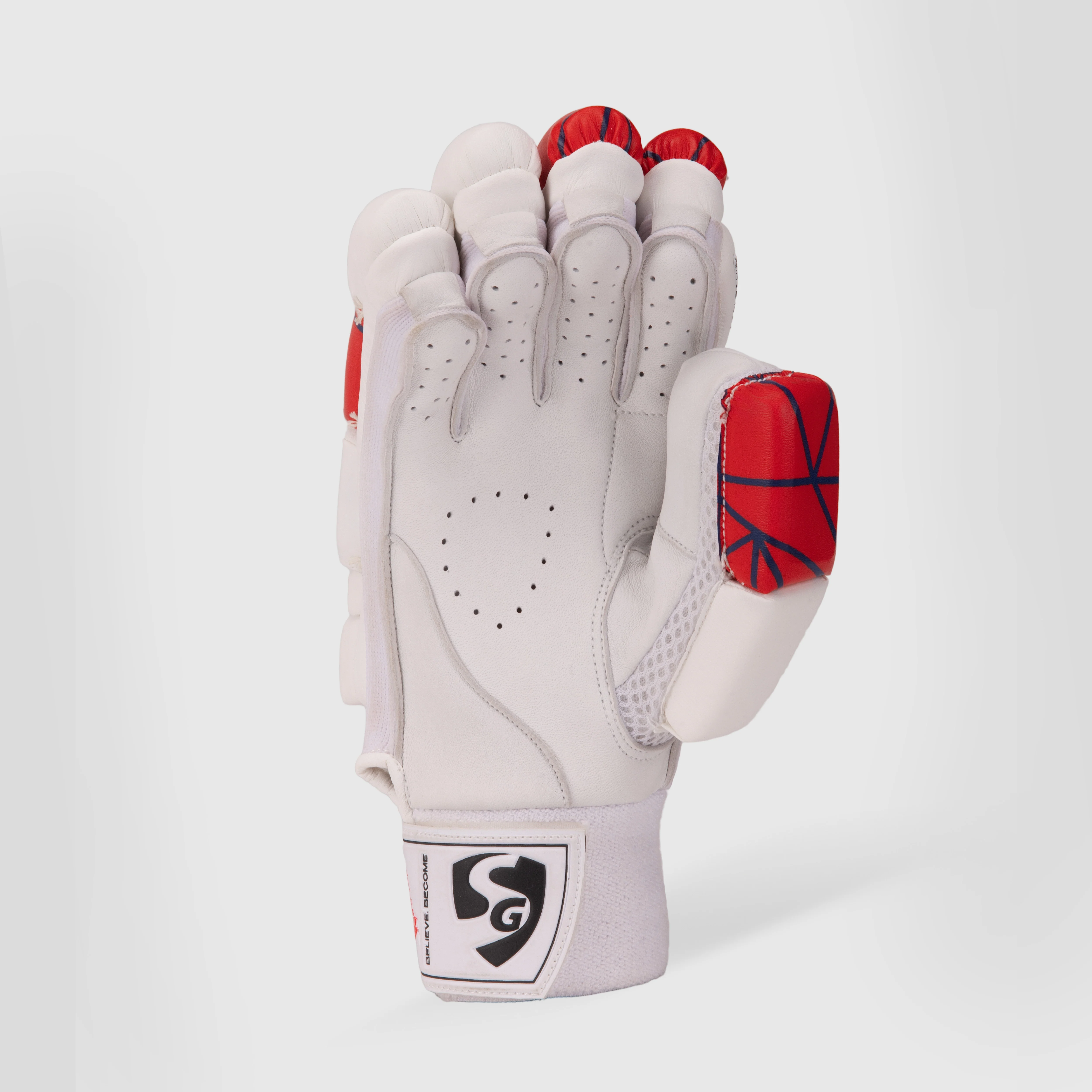 Side view of SG KLR Lite adult cricket batting gloves showing split finger rolls on Alberta.