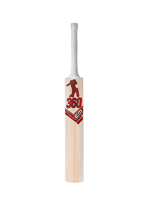 Front view of the EM 360 Bold Kashmir Willow Cricket Bat with red decals and white grip on Alberta.