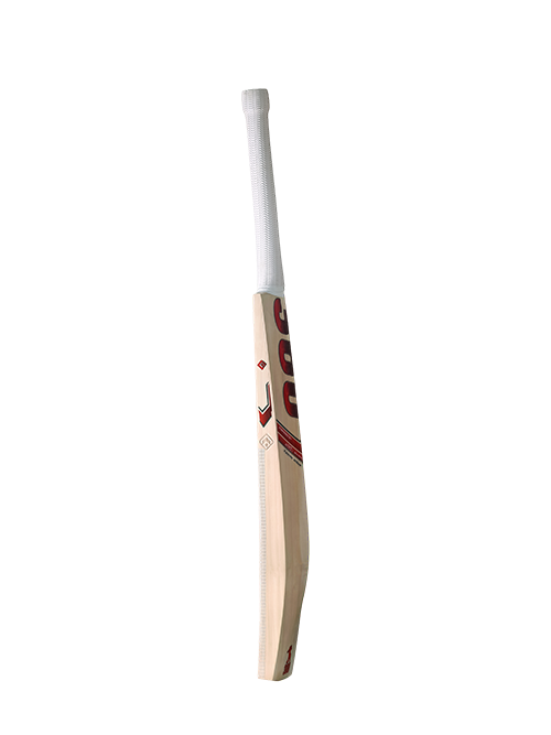 Side view profile of the EM 360 Bold Cricket Bat with red decals and thick edges on Alberta.