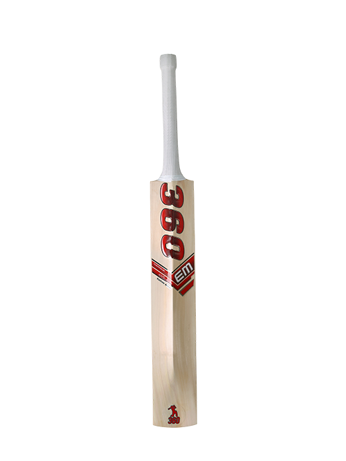 EM 360 Bold Kashmir Willow Cricket Bat with red and black decals and white grip on Alberta.