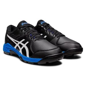 Front three-quarter view of black Asics Gel-Peake 2 cricket shoes with white side stripes and blue midsole trim.