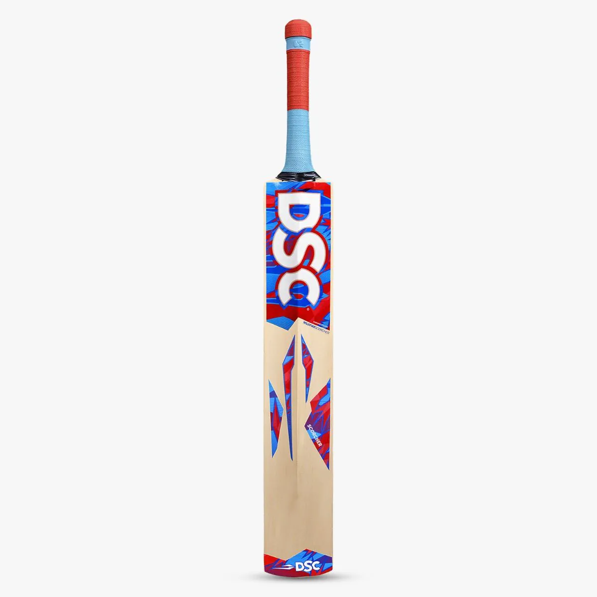 Back, front, and side profile views of the DSC Wildfire Scorcher tennis cricket bat with red and light blue grip and graphics.