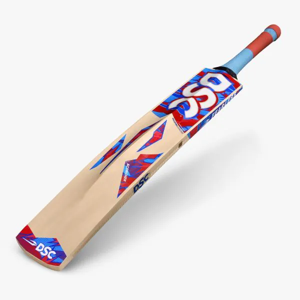 Angled front profile view of DSC Wildfire Scorcher tennis cricket bat with red and light blue graphics.