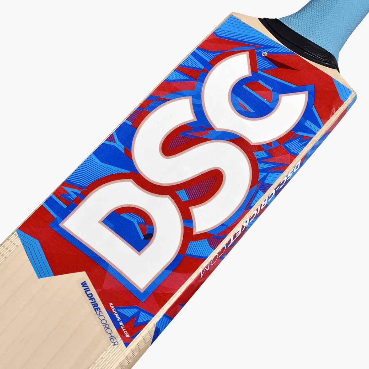 Close-up top view of DSC Wildfire Scorcher tennis cricket bat shoulder with bold white, red, and blue DSC logo graphics.