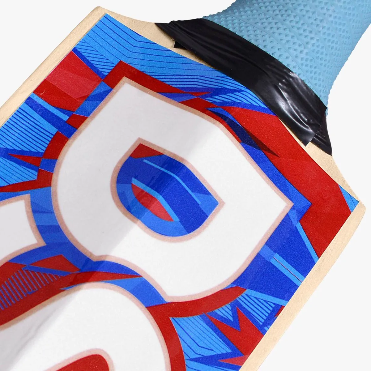 Close-up detail view of DSC Wildfire Scorcher tennis cricket bat handle join and light blue octopus-textured rubber grip.