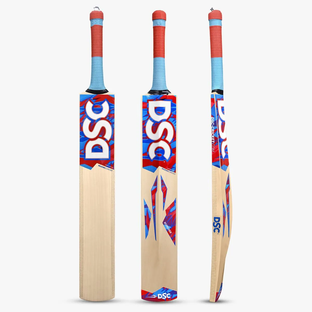 Front, back, and side profile views of the DSC Wildfire Spark tennis cricket bat with yellow grip and dynamic graphics.